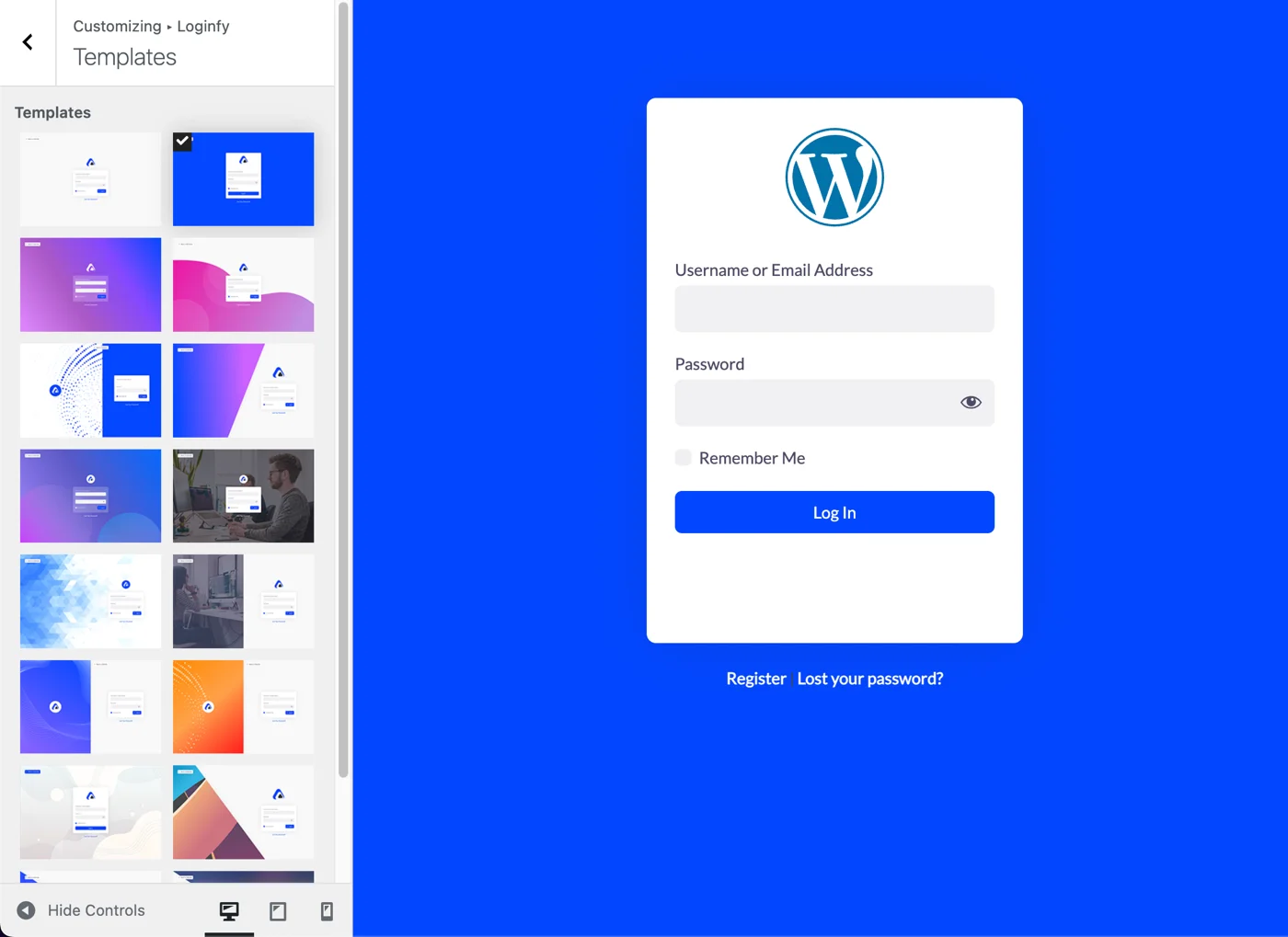 Select template for WordPress login page