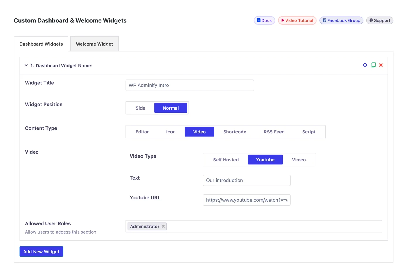 Added YouTube video as WordPress Dashboard Widget