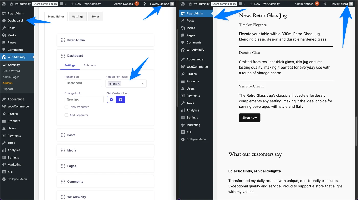 Hide admin menu items for client Dashboard