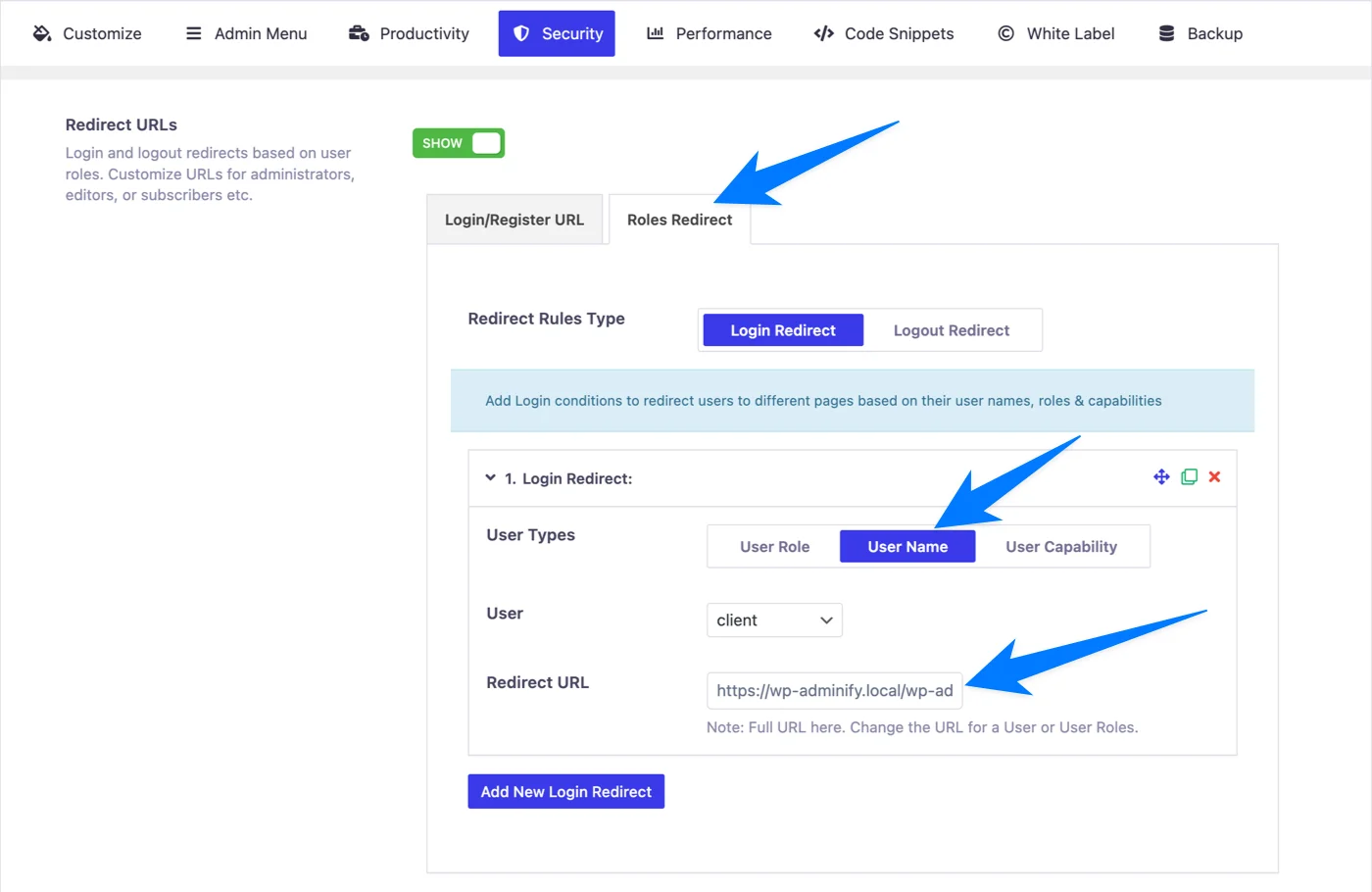 Redirect users to a custom admin page while login