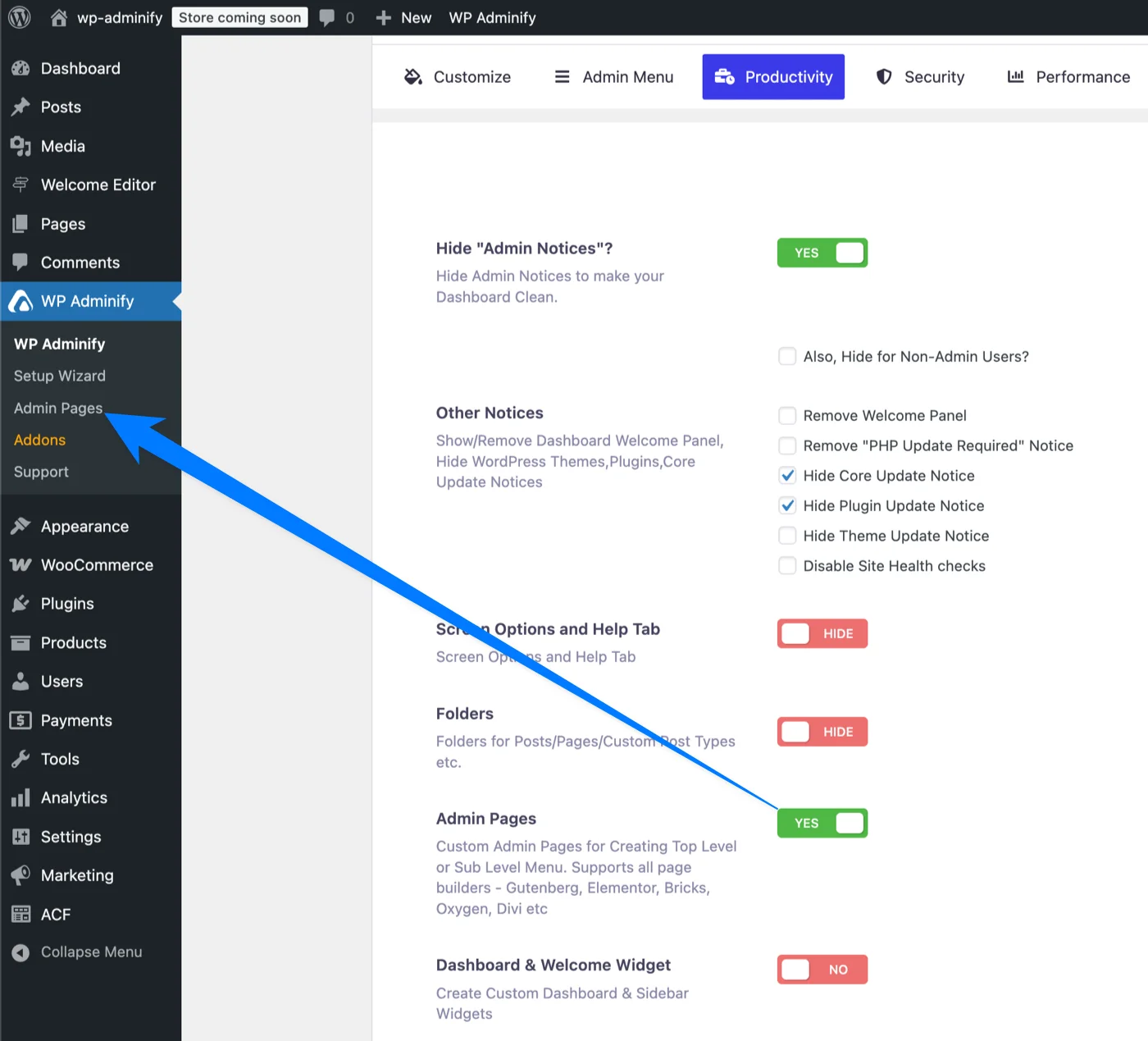 Enable Custom Admin Page in WP Adminify Plugin