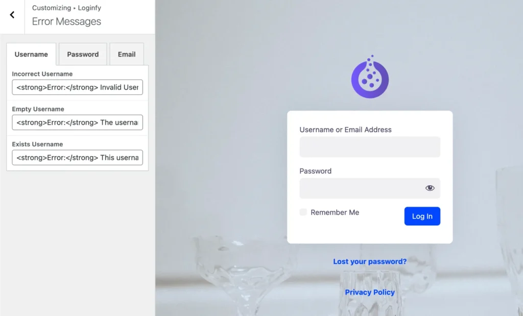 Login page error messages customization