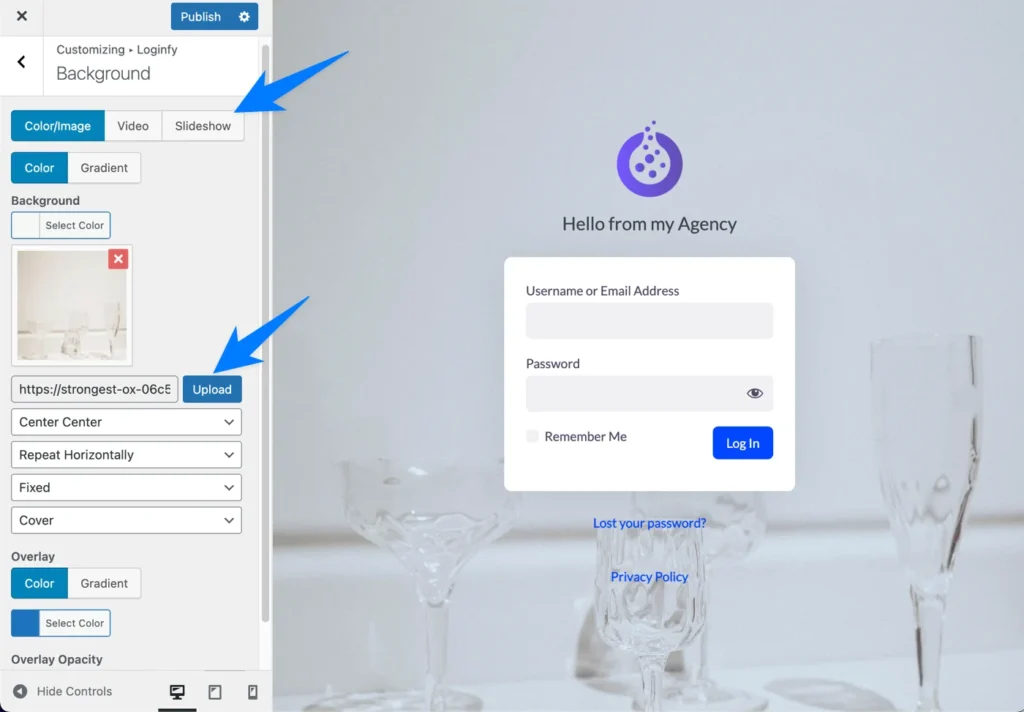 Change WordPress login page background color and image