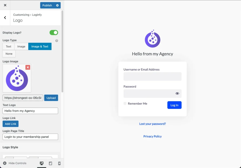 Change WordPress login page logo with loginfy