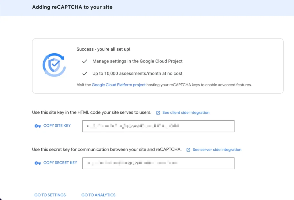 Copy site key and secret key for captcha