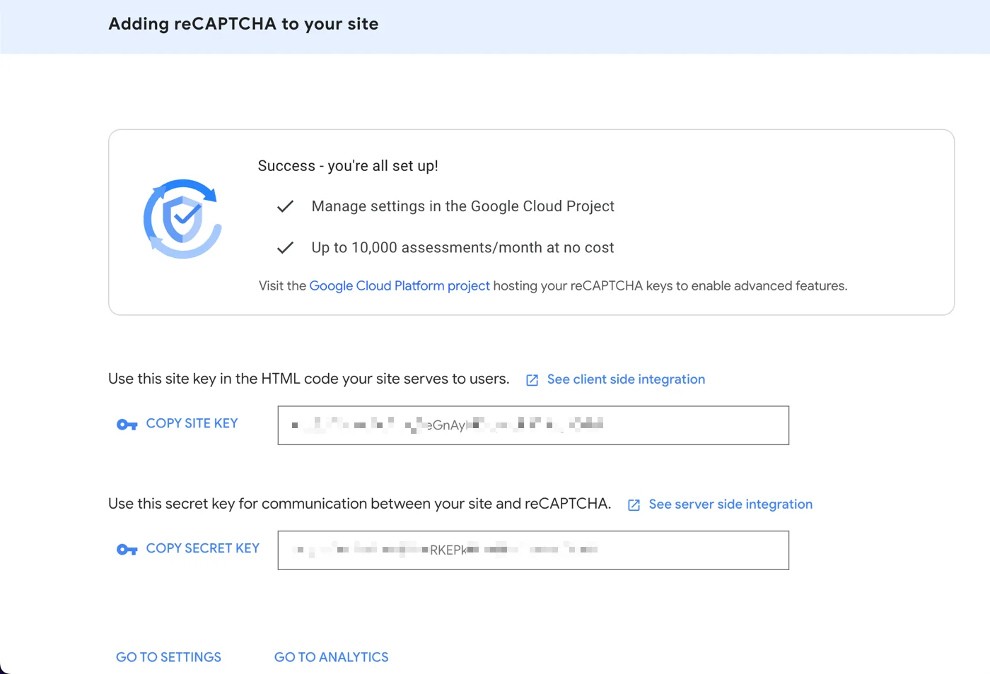 Copy site key and secret key for captcha