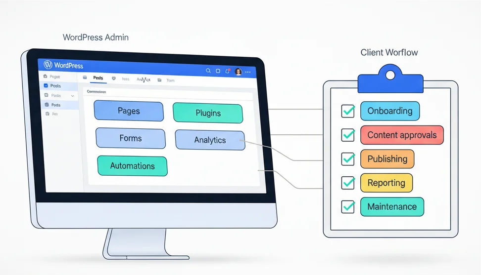 Checklist mapping client workflows to WordPress dashboard tasks