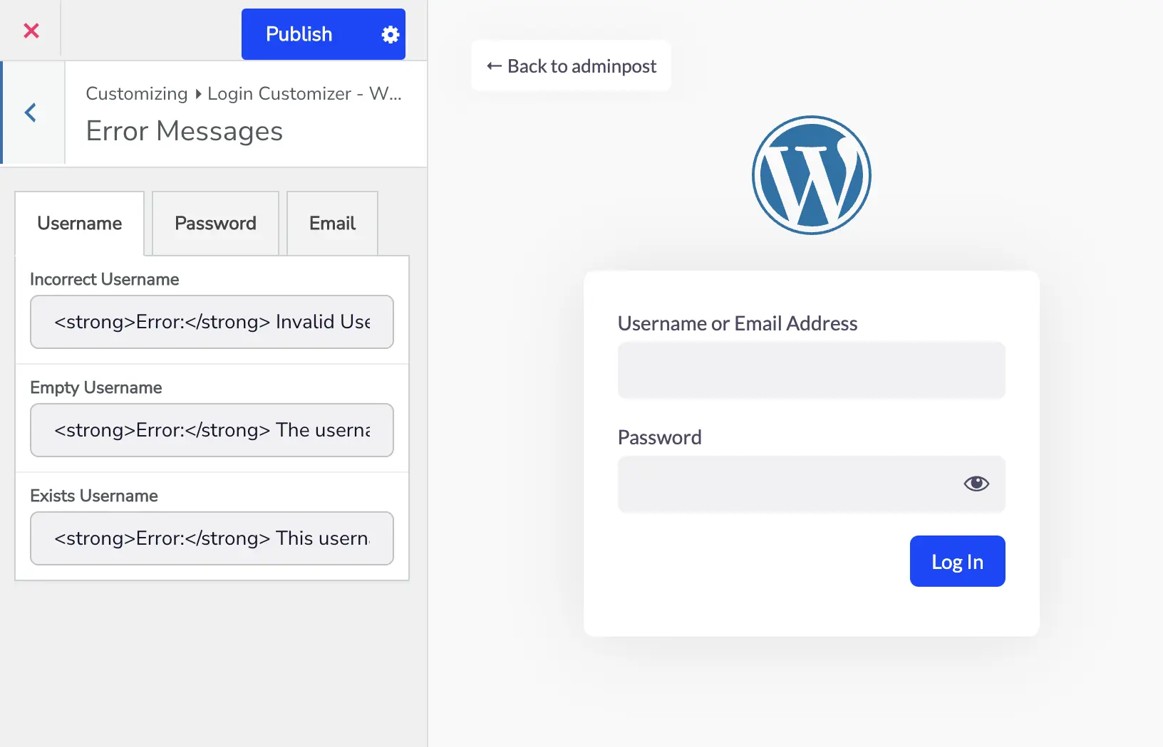 Customize WordPress login page error page