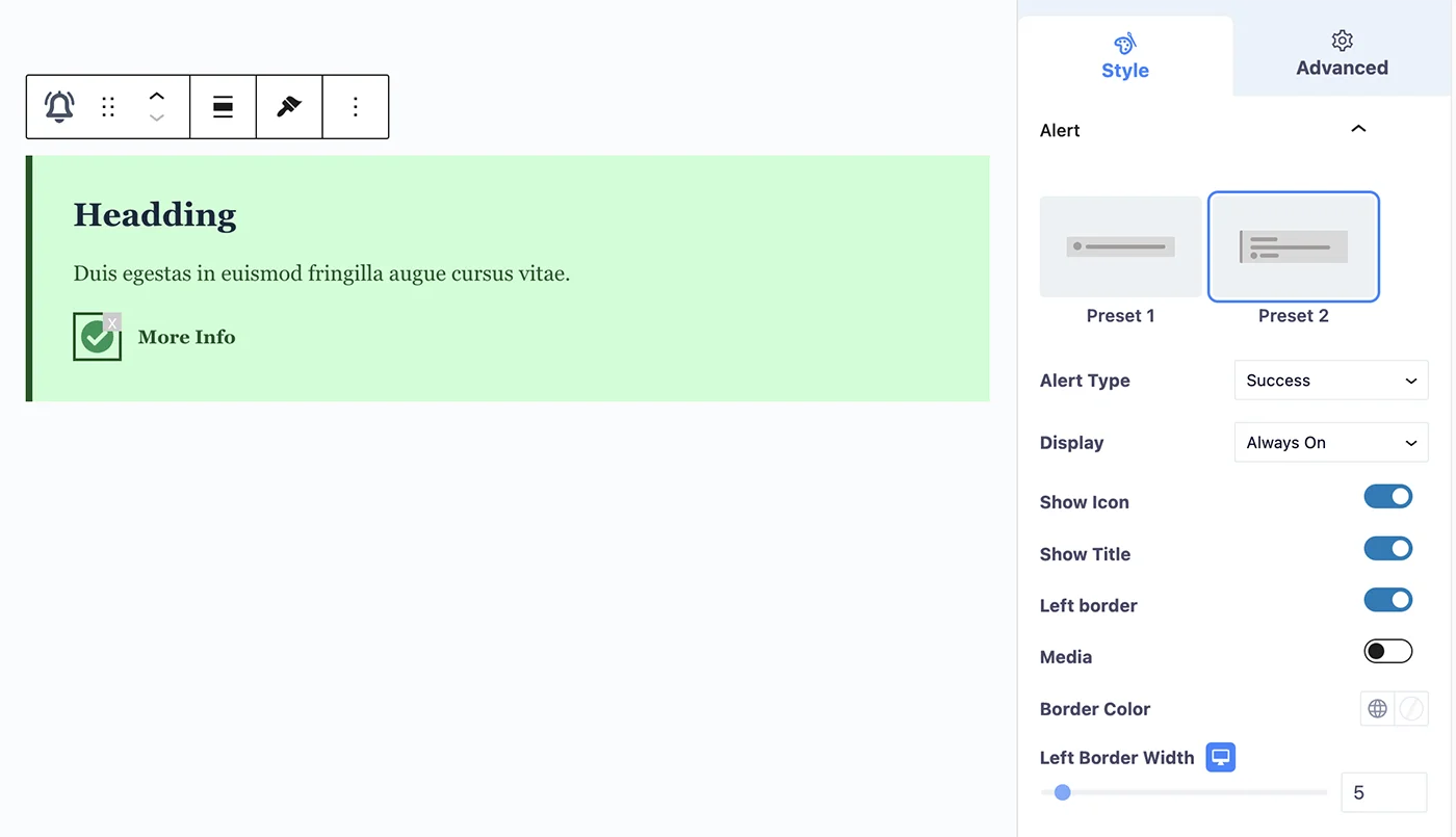 Alert block preset and options