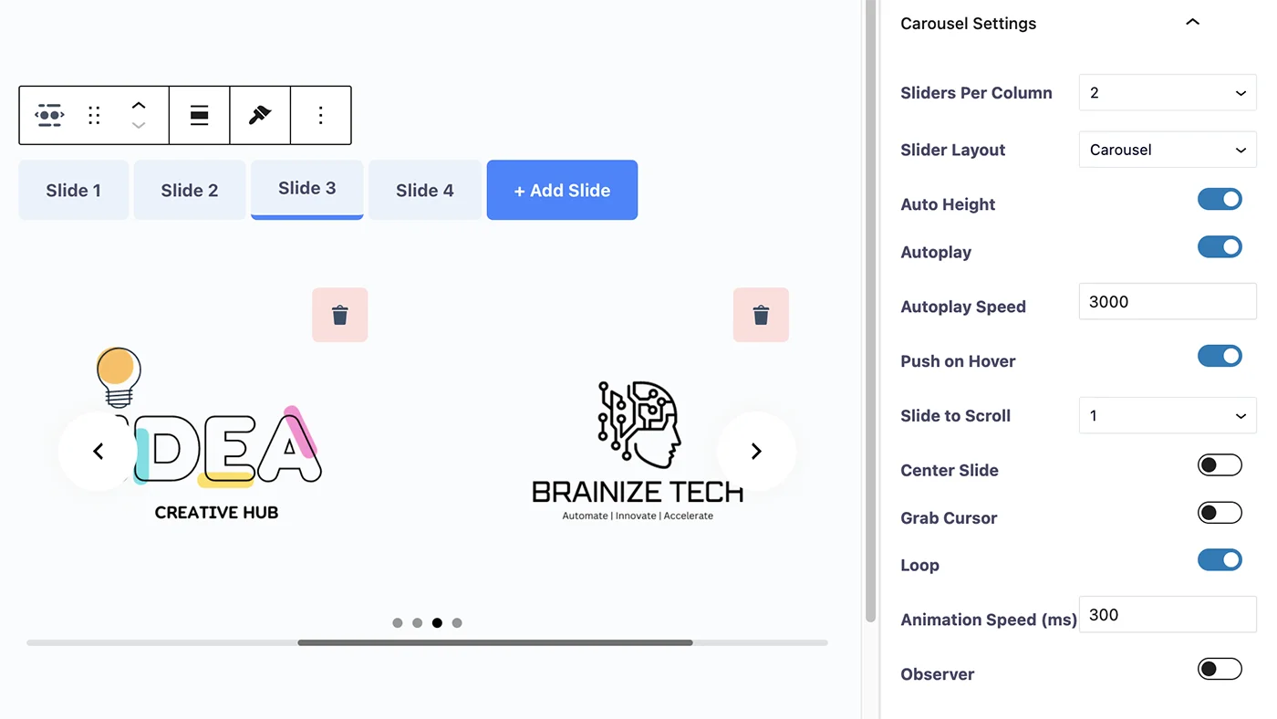 Carousel Settings in Logo slider