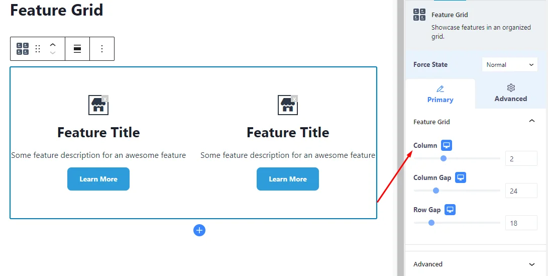 Feature Grid Primary options
