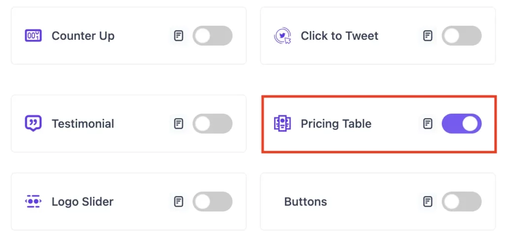 Enable pricing Table block in Master Blocks