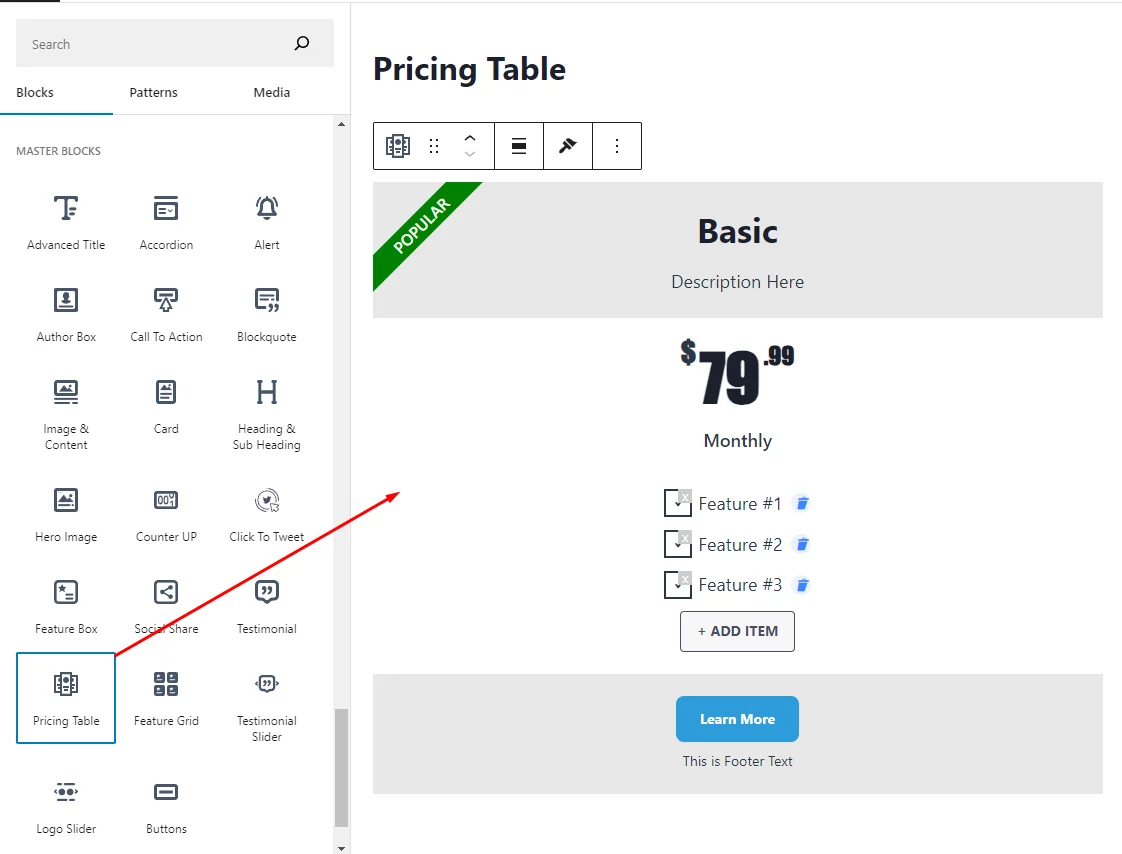 Add pricing table in gutenberg editor