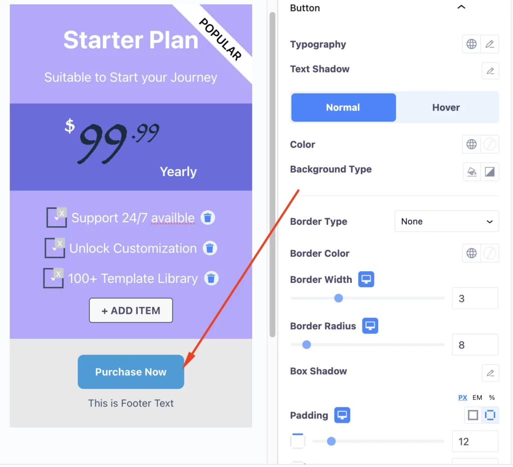 Pricing Table button customization