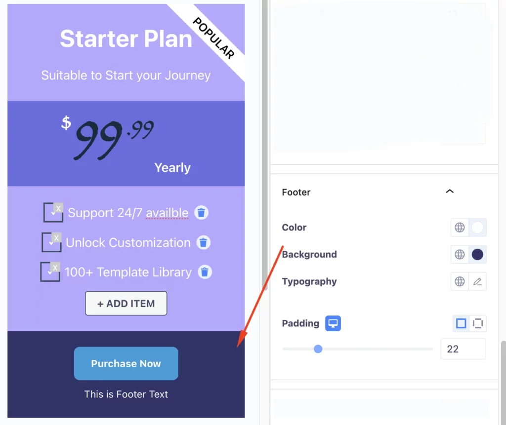 Pricing Table footer content and background customization