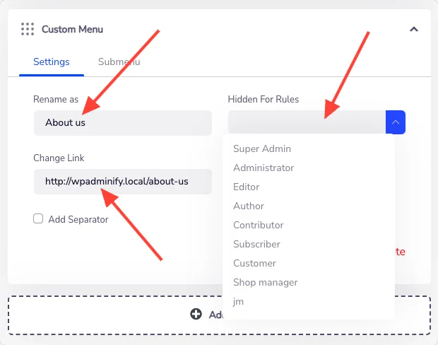 fillup custom menu content