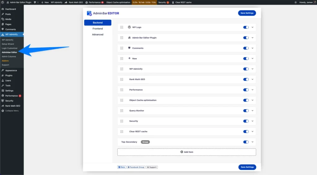 Admin bar Editor plugin option panel