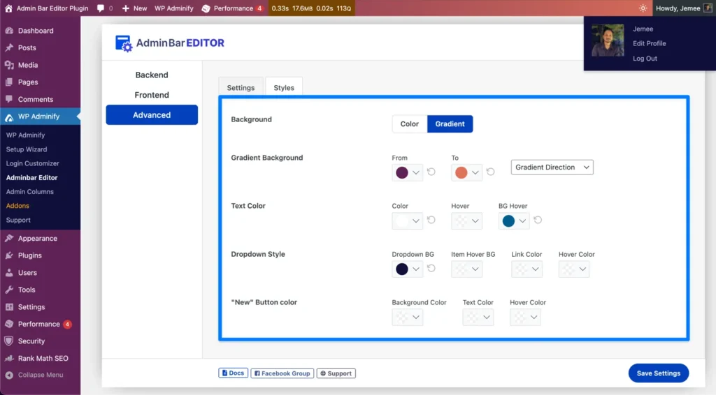 Admin bar style customization