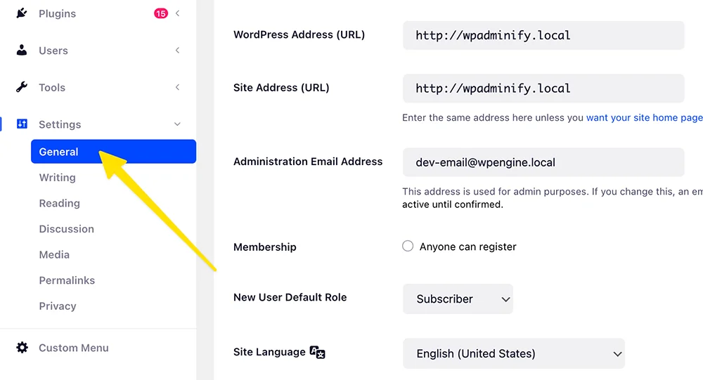 Navigate to WordPress General Settings