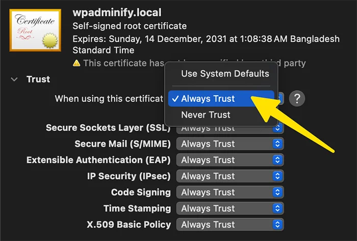 Set Certificate to Always Trust