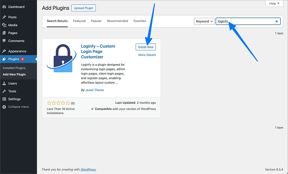 Install Loginfy WordPress login page customizer plugin