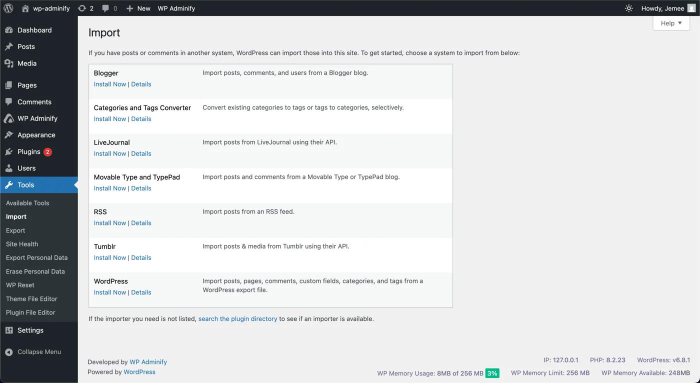 Default tools option in WordPress
