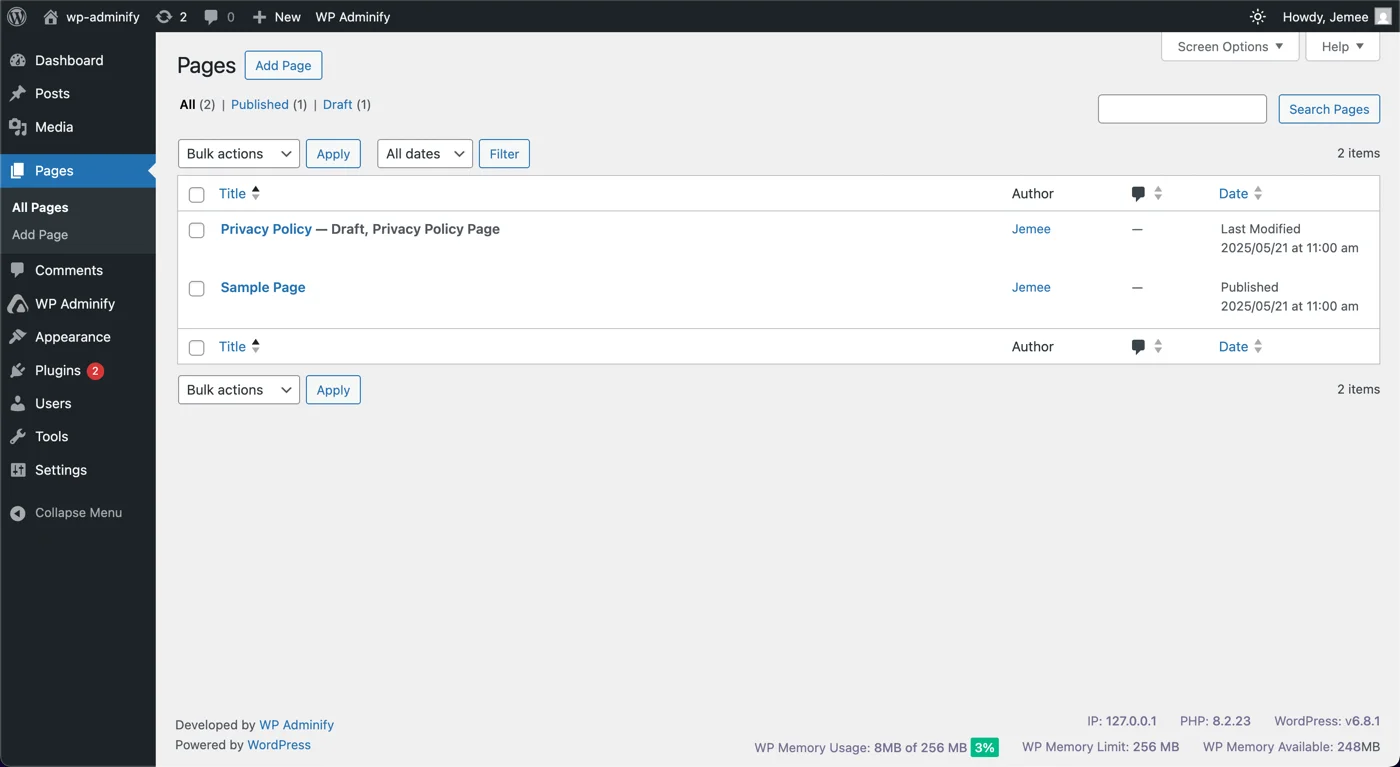 Default WordPress pages option