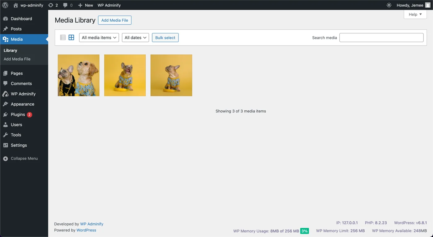 Media option in WordPress Dashboard