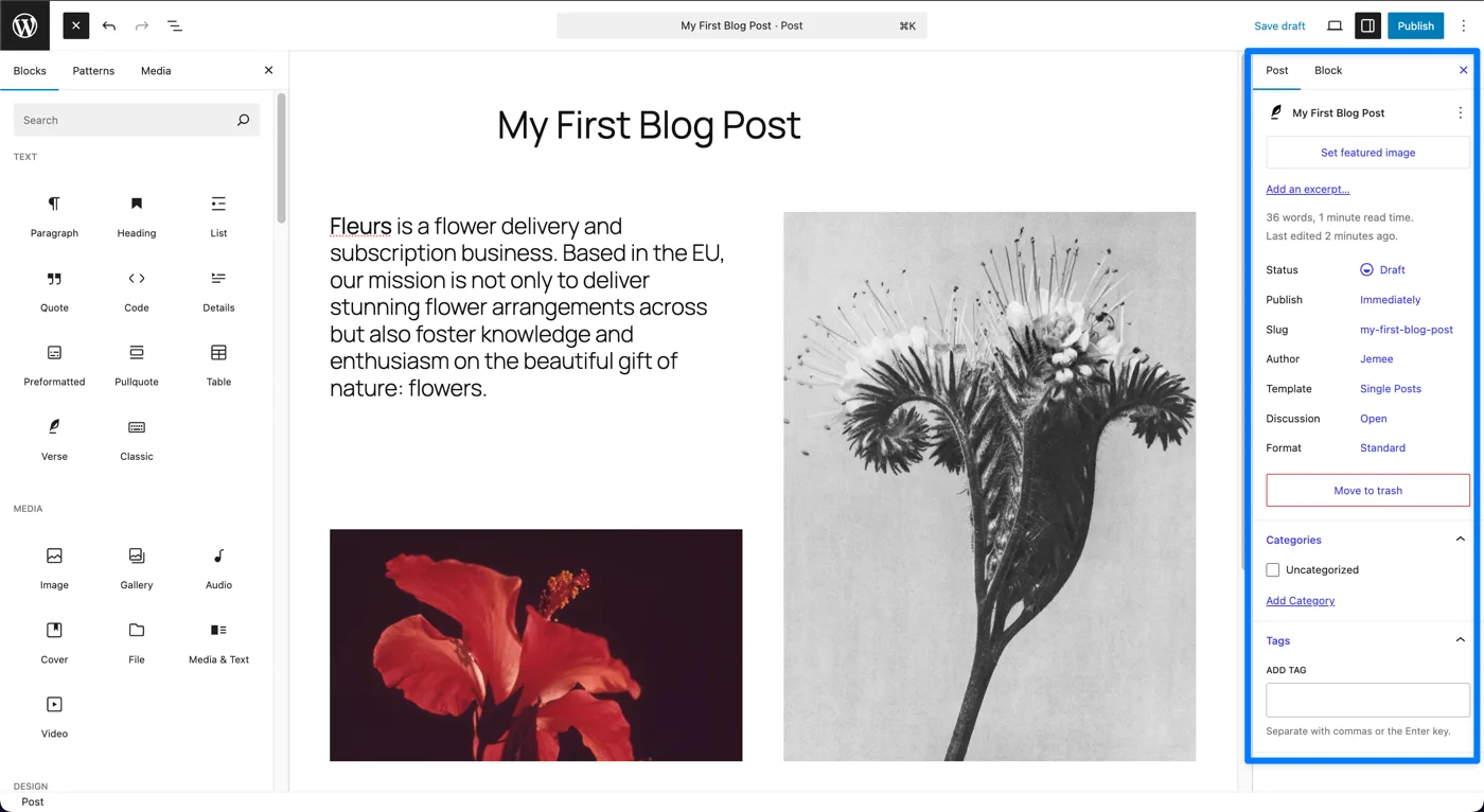 Add category tags featured image and more in blog post