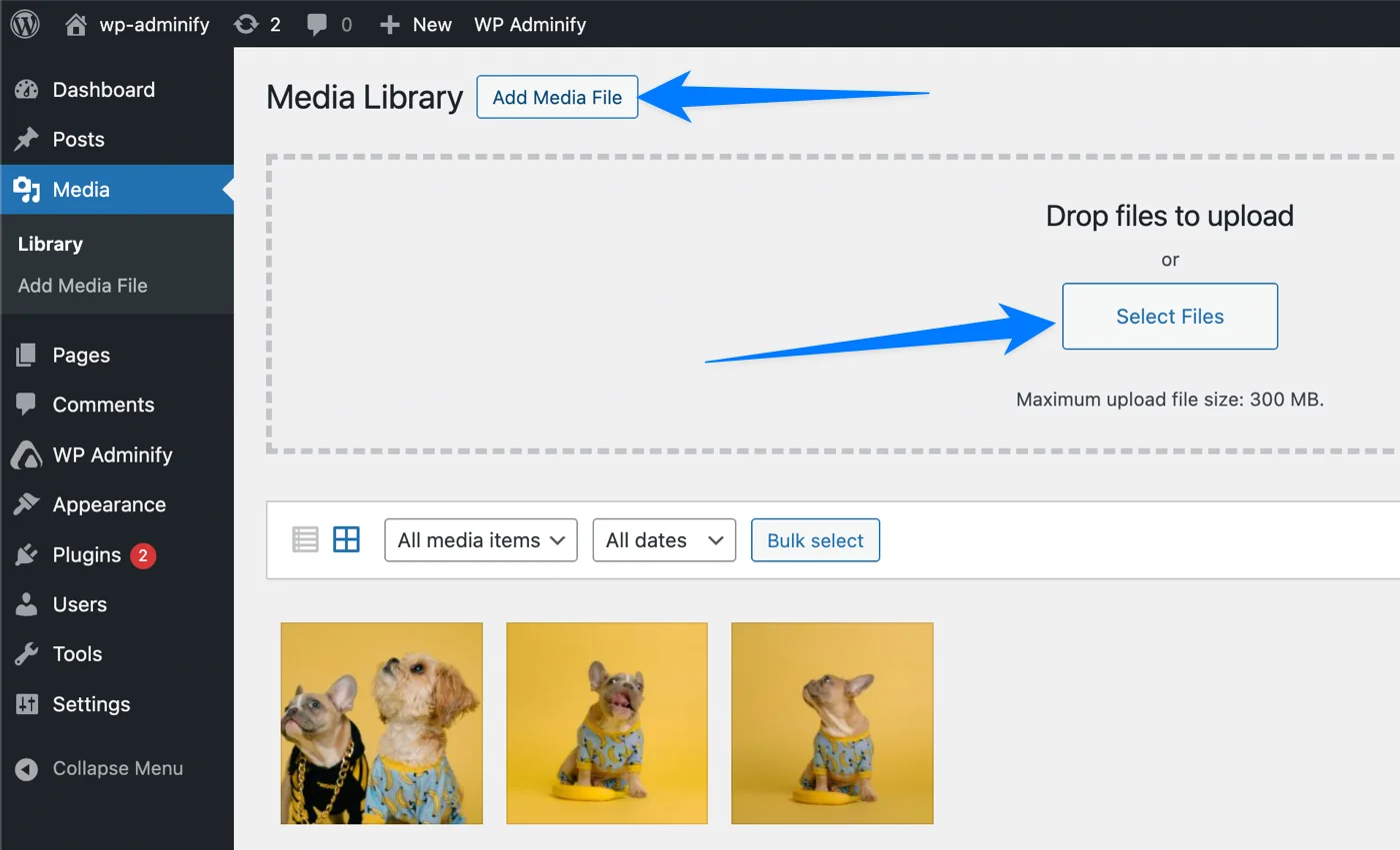Upload media in WordPress Dashboard