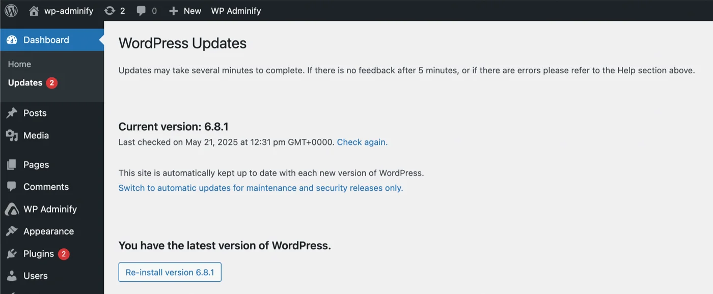 WordPress core update in Dashboard