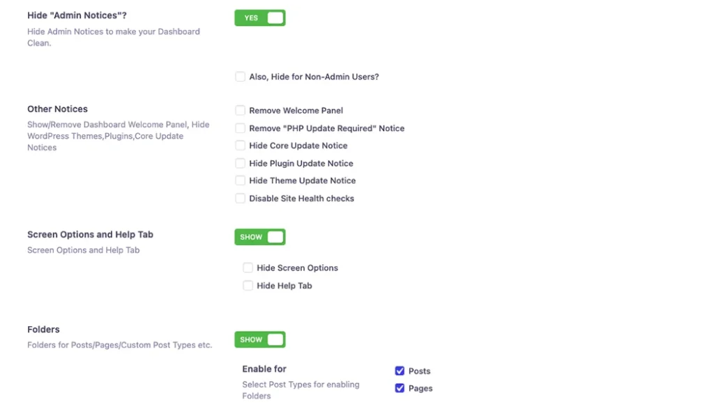 WP Adminify productivity options panel listing media folders, duplicators, and dashboard widgets