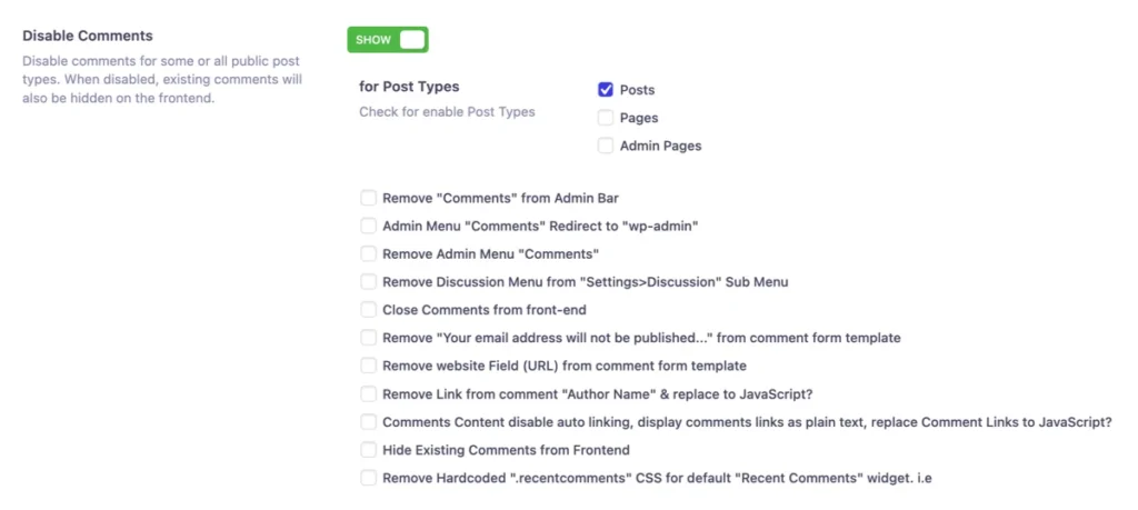 Disable comments in WordPress Website
