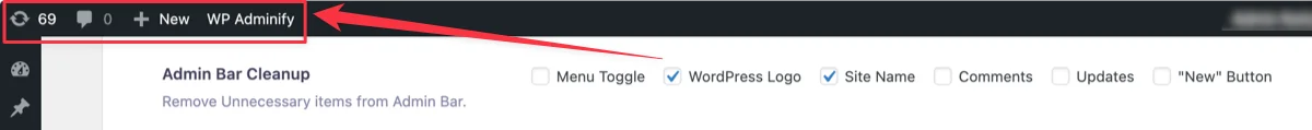 Admin Bar Cleanup options in WP Adminify with WordPress Logo and Site Name checked, showing the trimmed admin bar