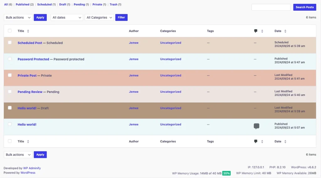 Post status background colors highlighting published, draft, and pending rows in the WordPress post list