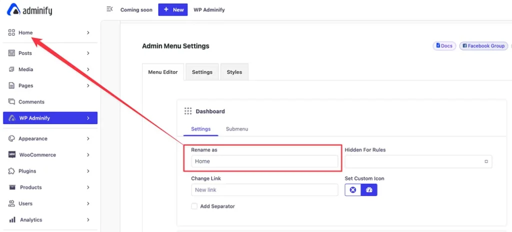 Rename Dashboard with Admin Menu Editor