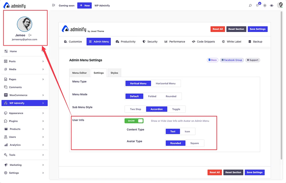 User Info in Admin menu