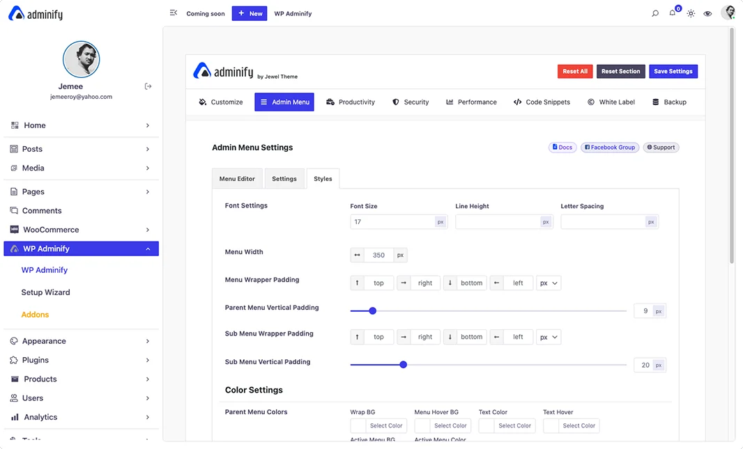 Font settings and styles for Admin menu