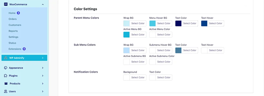 Admin menu color settings