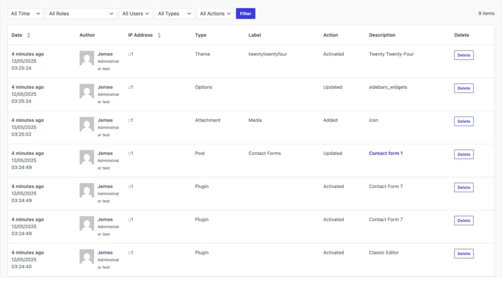 WP Adminify activity logs showing recent user actions in WordPress