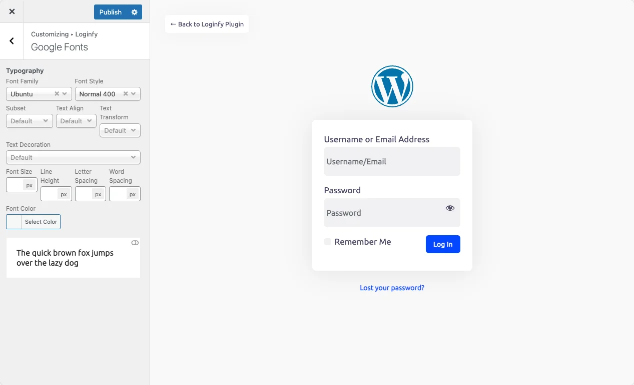 Custom google fonts for login page text