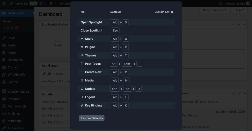 WP Spotlight key bindings
