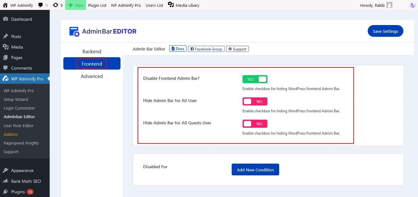 Admin Bar Editor frontend rules