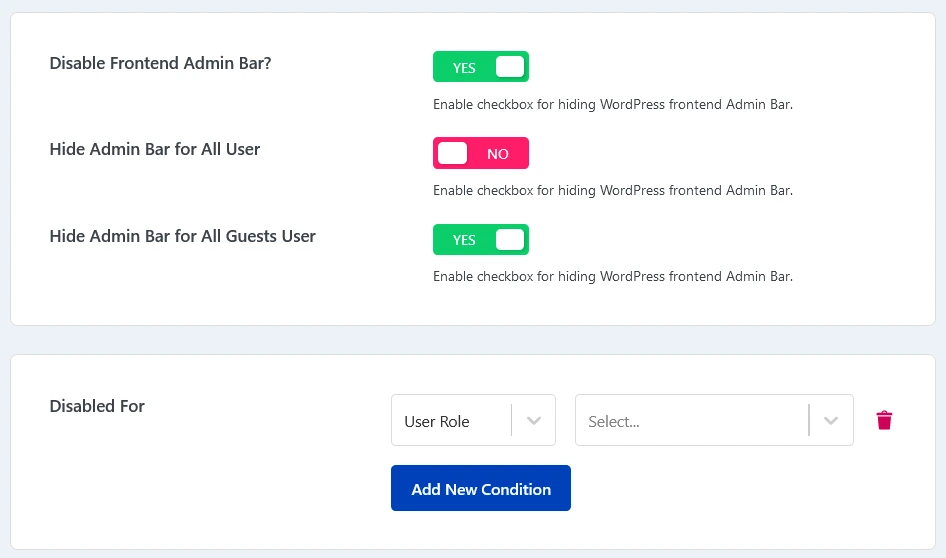 Visibility options for front end admin bar