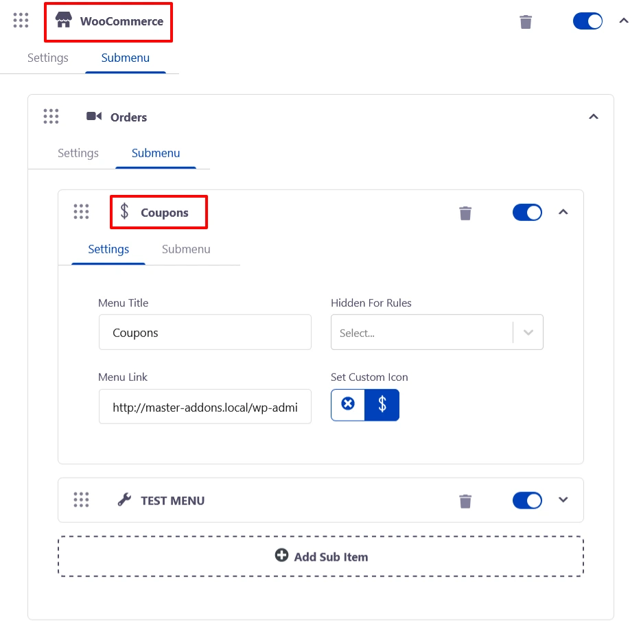 Creating menus and submenus on admin bar