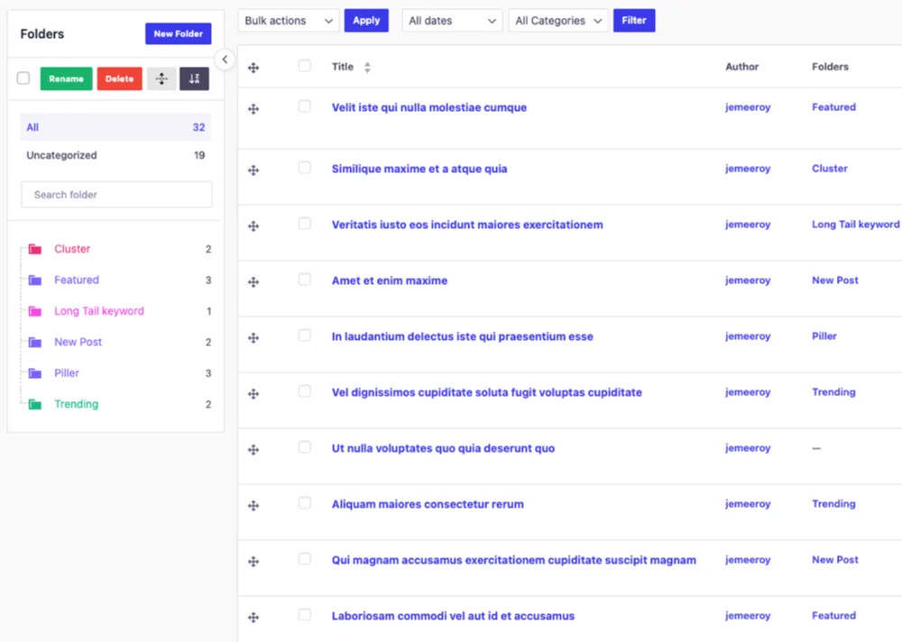 Folder sidebar on the Posts list screen, showing posts organized into topic folders