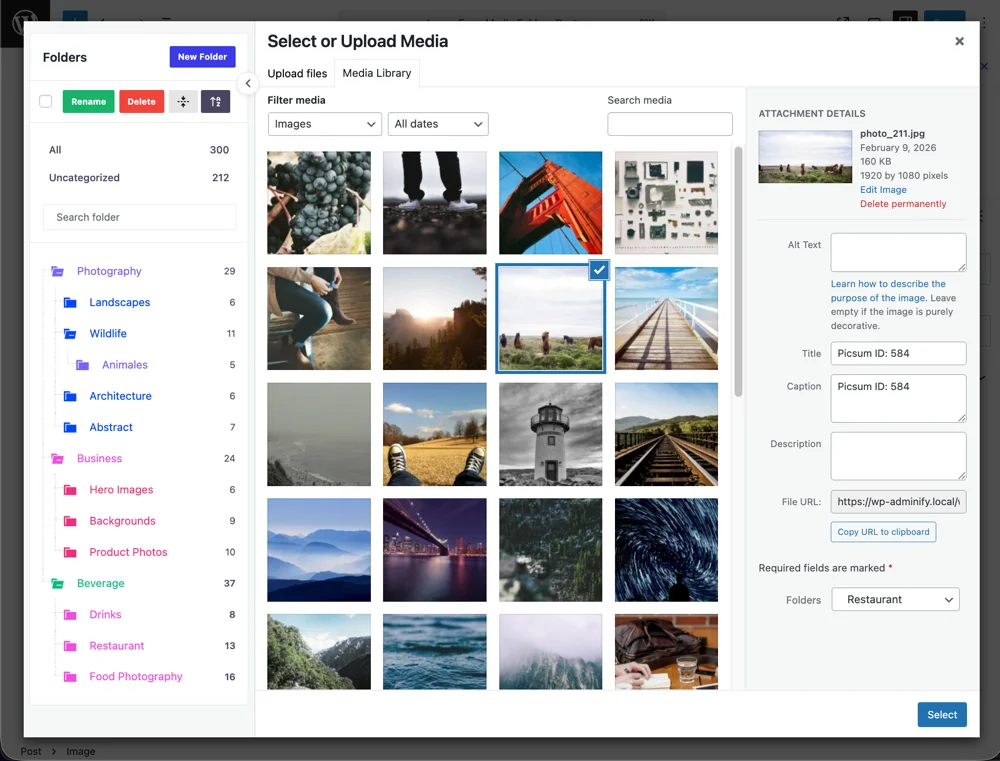 WP Adminify media folders visible in WordPress editor, page builder, and media modal