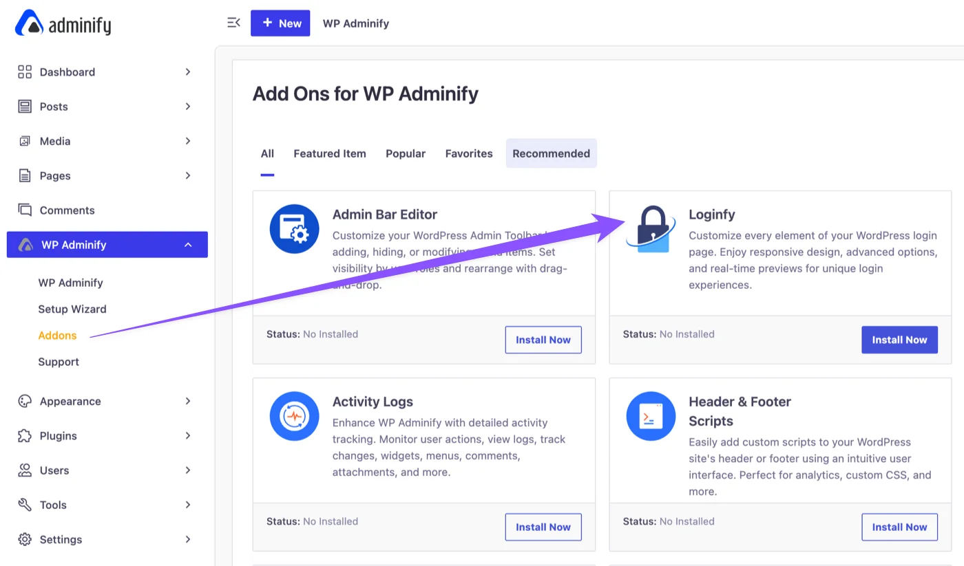 Install Loginfy addon from WP Adminify