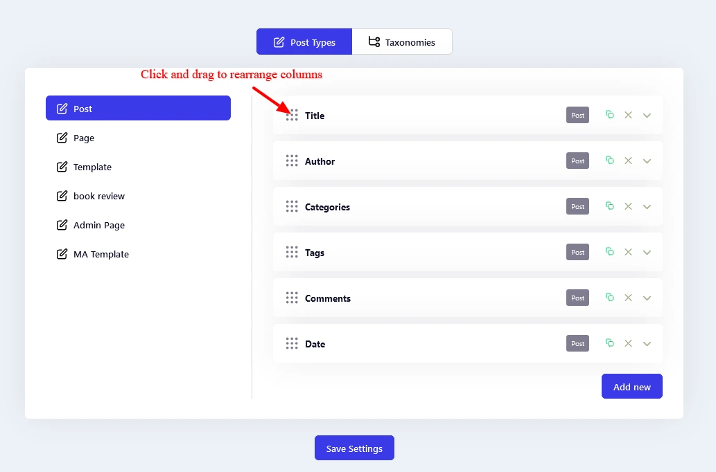 Click and drag to rearrange columns