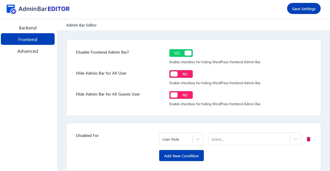 Control front end admin bar visibility